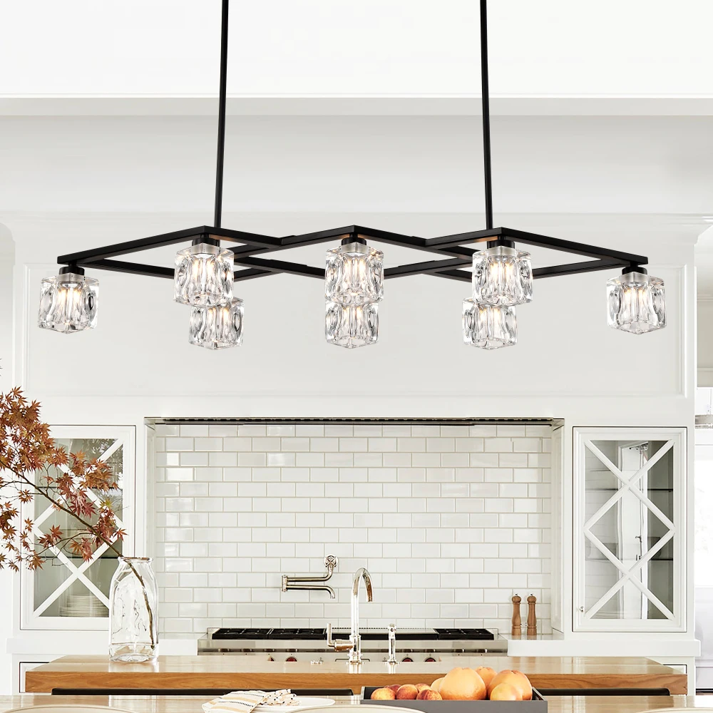 

Matte Black Crystal Chandelier for Dining Room, 8-Light Kitchen Chandelier Light Fixture Modern Metal Industrial Chandeliers