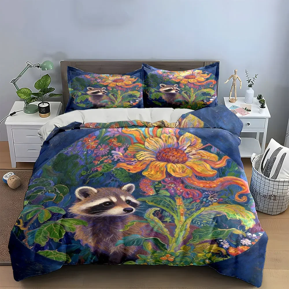 Raccoon Floral Art Decor Soft Comfortable Duvet Cover Bedding Set Included 1*Duvet Cover & 2*Pillowcases, gift