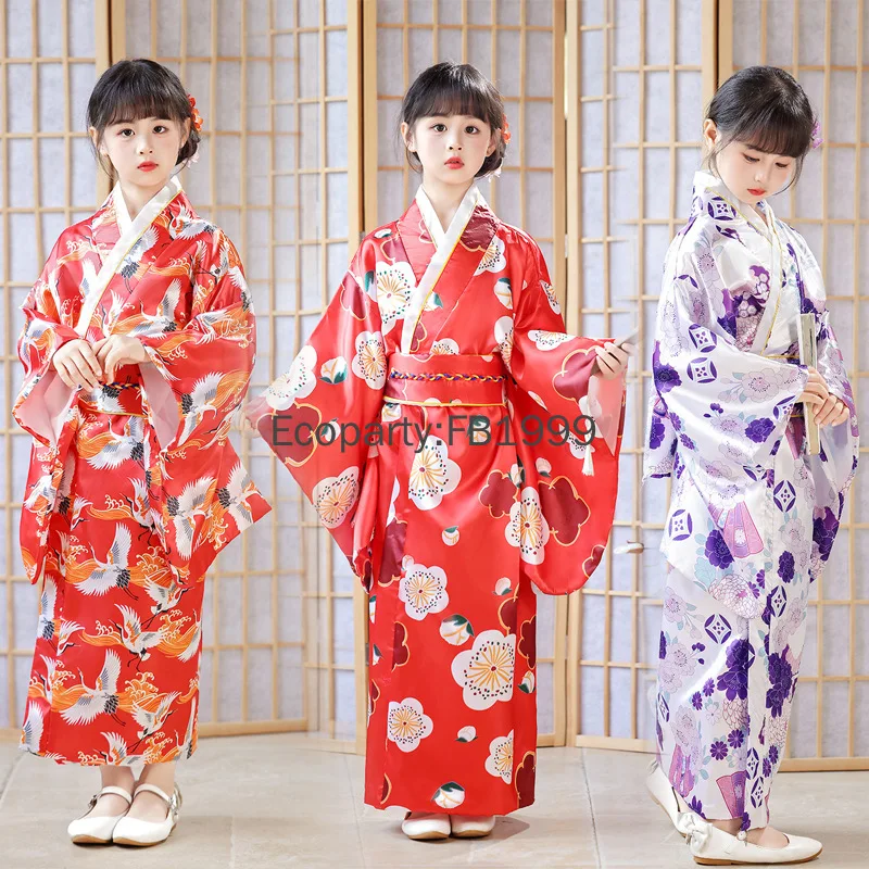 

Kids Traditional Japanese Kimono Suit Girls Lovely Crane Sakura Print Yukata Robe Children Kimono with Obi Performance Costume