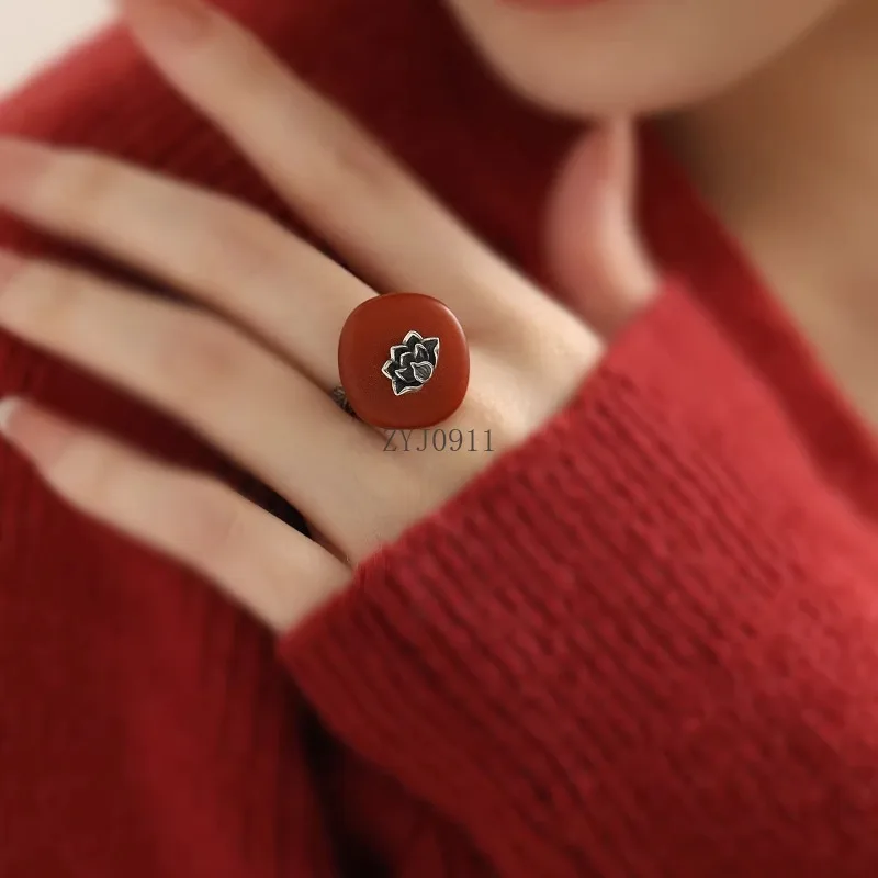 Cincin Lilin Lebah Amber Lotus Perak Murni 925 Cincin Wanita Dapat Disesuaikan Gaya Nasional Sastra Gaya Cina Baru