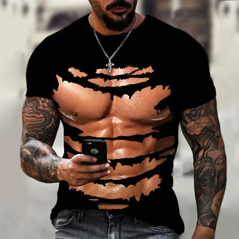 2024 Latest Funny Design Muscle Fitness 3D Printed Men's T-shirt Large Size Personalized Harajuku Street Fun Fashion Top image 2