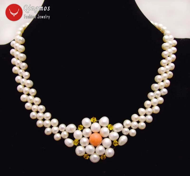 Qingmos 6-7mm Round Handwork Weaving Natural White Pearl Necklace for Women Pink Coral 40mm Flower Pendant Necklace 17'' Chokers