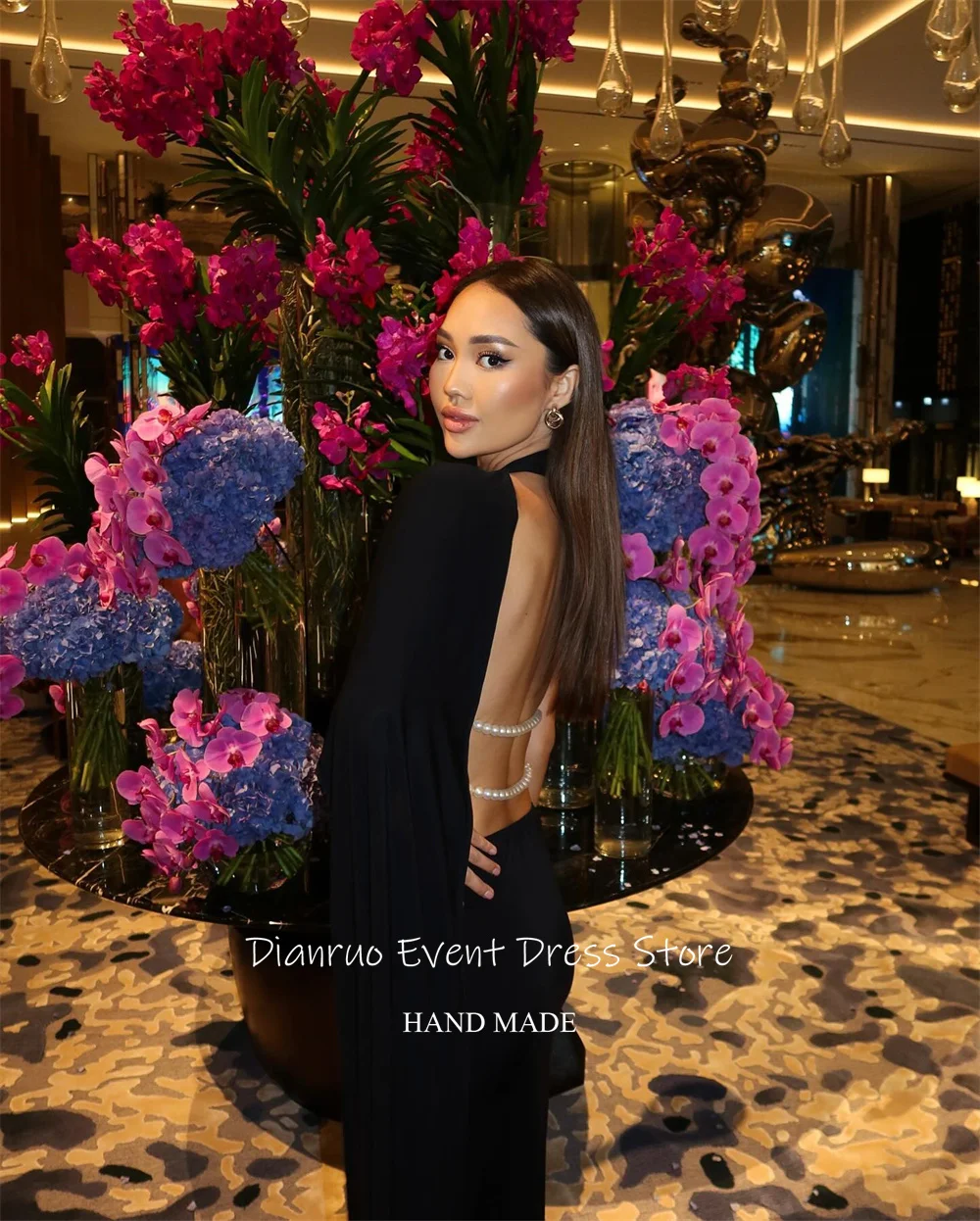 Dianruo sem costas pérolas vestido de noite longo comprimento halter sereia robe de soirée femme elegante um ombro vestidos de baile personalizado