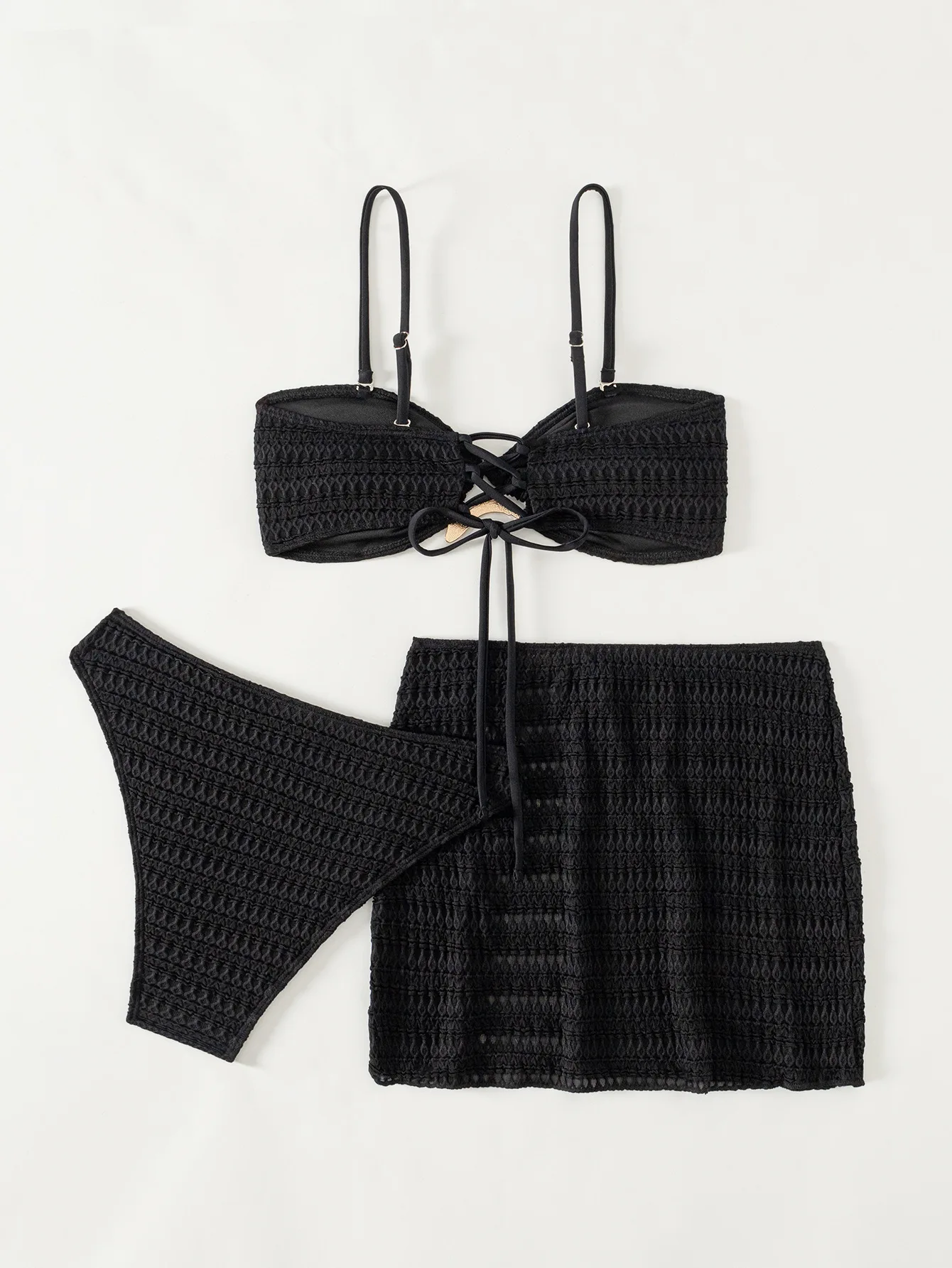 sexy black hollow out metal bikinis sets three pieces with split mini skirt swimsuits bathing suit swimwear tankini biquini