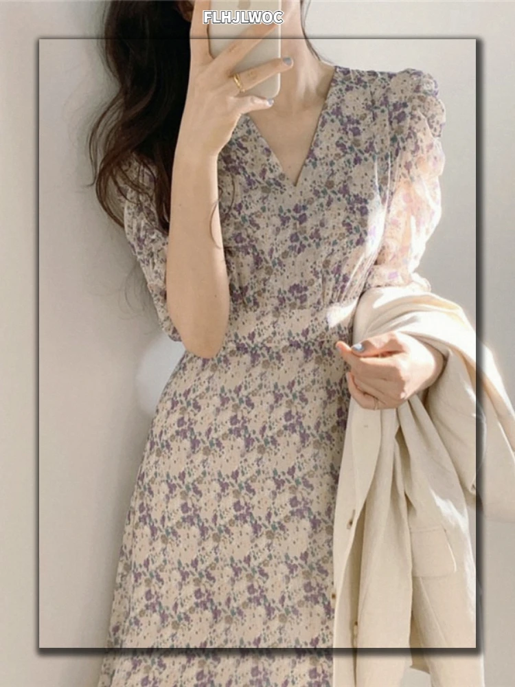 Temperament Chic Dress Hot Sales Women Summer Flhjlwoc Japanese Korea Style Floral Print Retro Vintage Cute Dress Long 5615