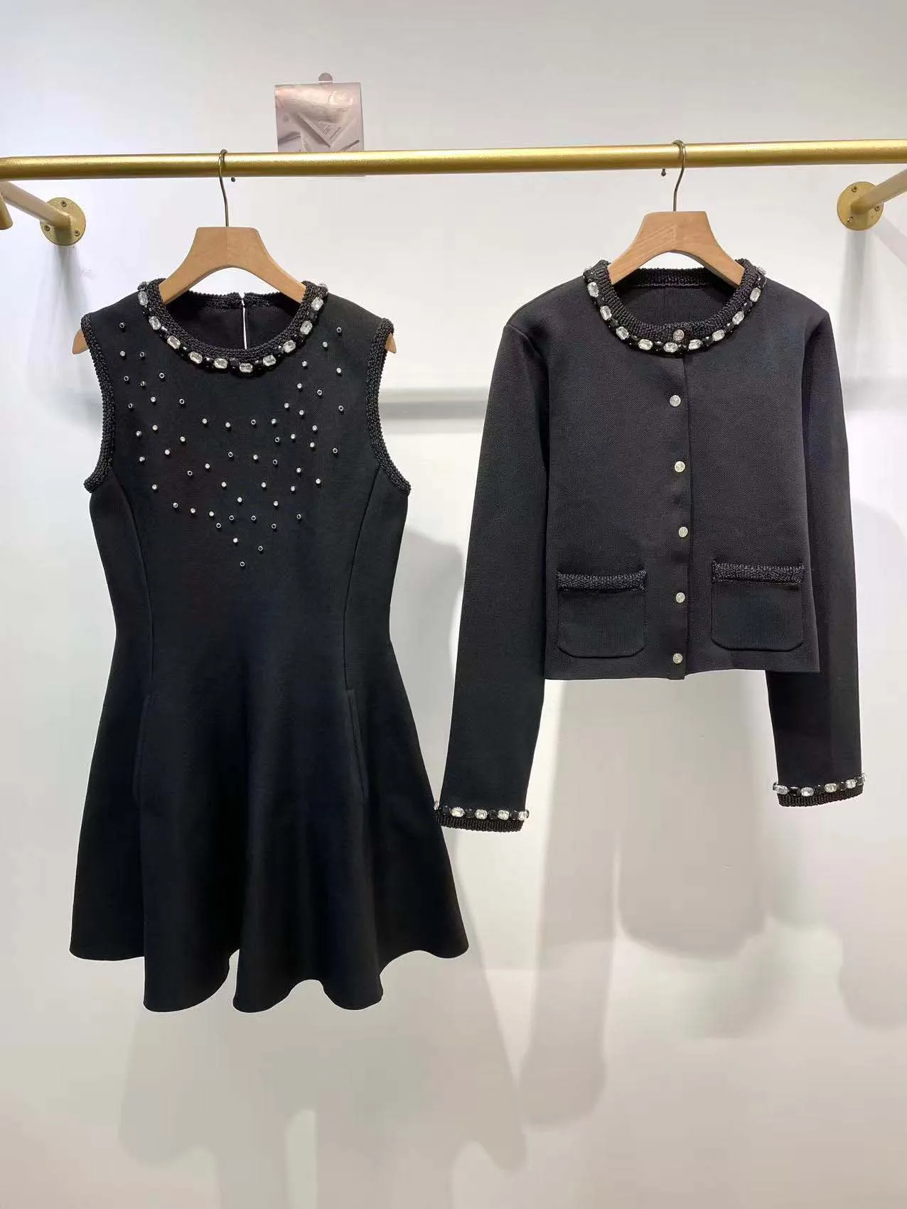 

Diamond Decoration Women Black Set Knitted A-Line Sleeveless Dress or Long Sleeve Single Breasted Cardigan Coat