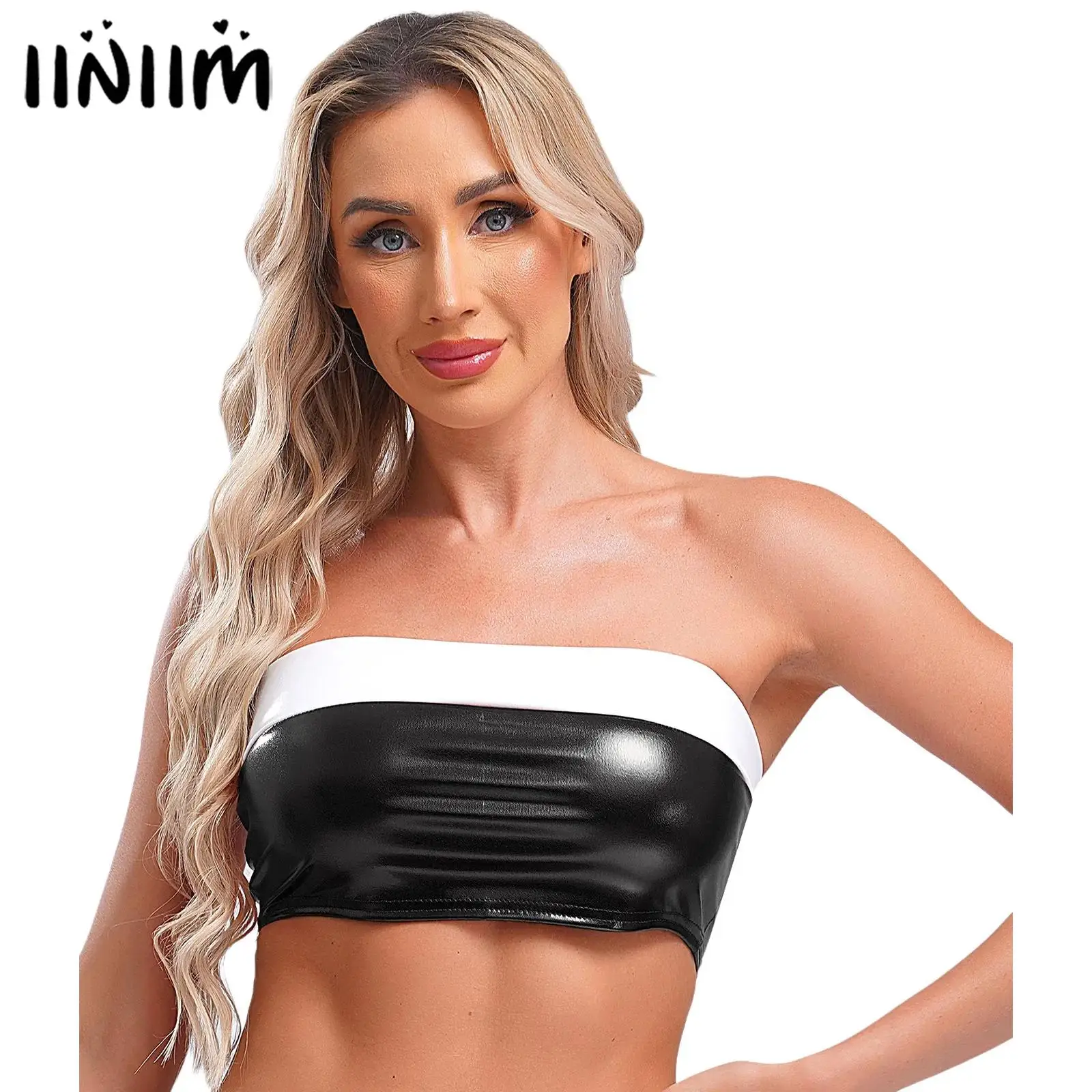 

Women Wireless Tube Tops Patent Leather Non Padded Strapless Bra Tops Pole Dance Performance Costume Rave Outfits Clubwear