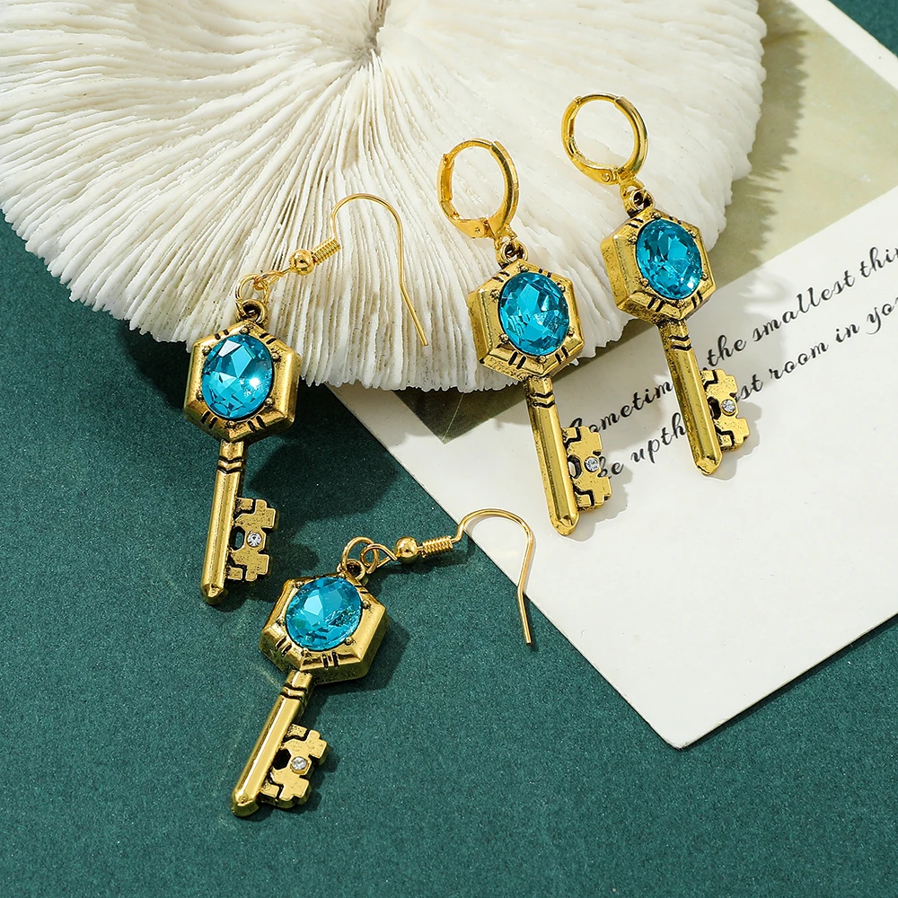 Anime Game Figure Vintage Crystal Sapphire Key Drop Earrings Fashion Exquisite Jewelry Accessories Cosplay Gifts for Fans