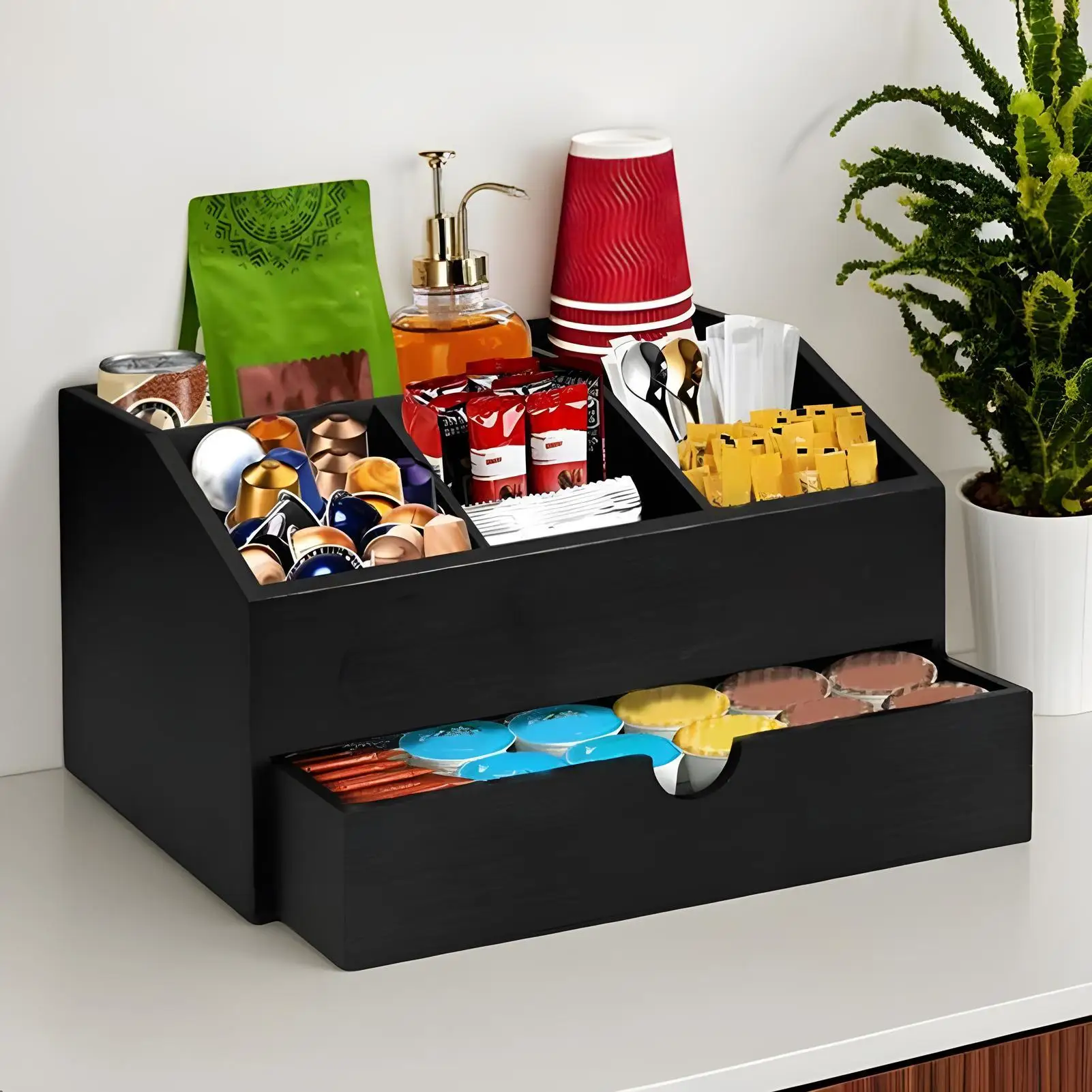 

Coffee Station Organizer Wooden Sugar Basket Multipurpose Desk Coffee Counter Organizer with Drawer for Dorm Studio Breakroom