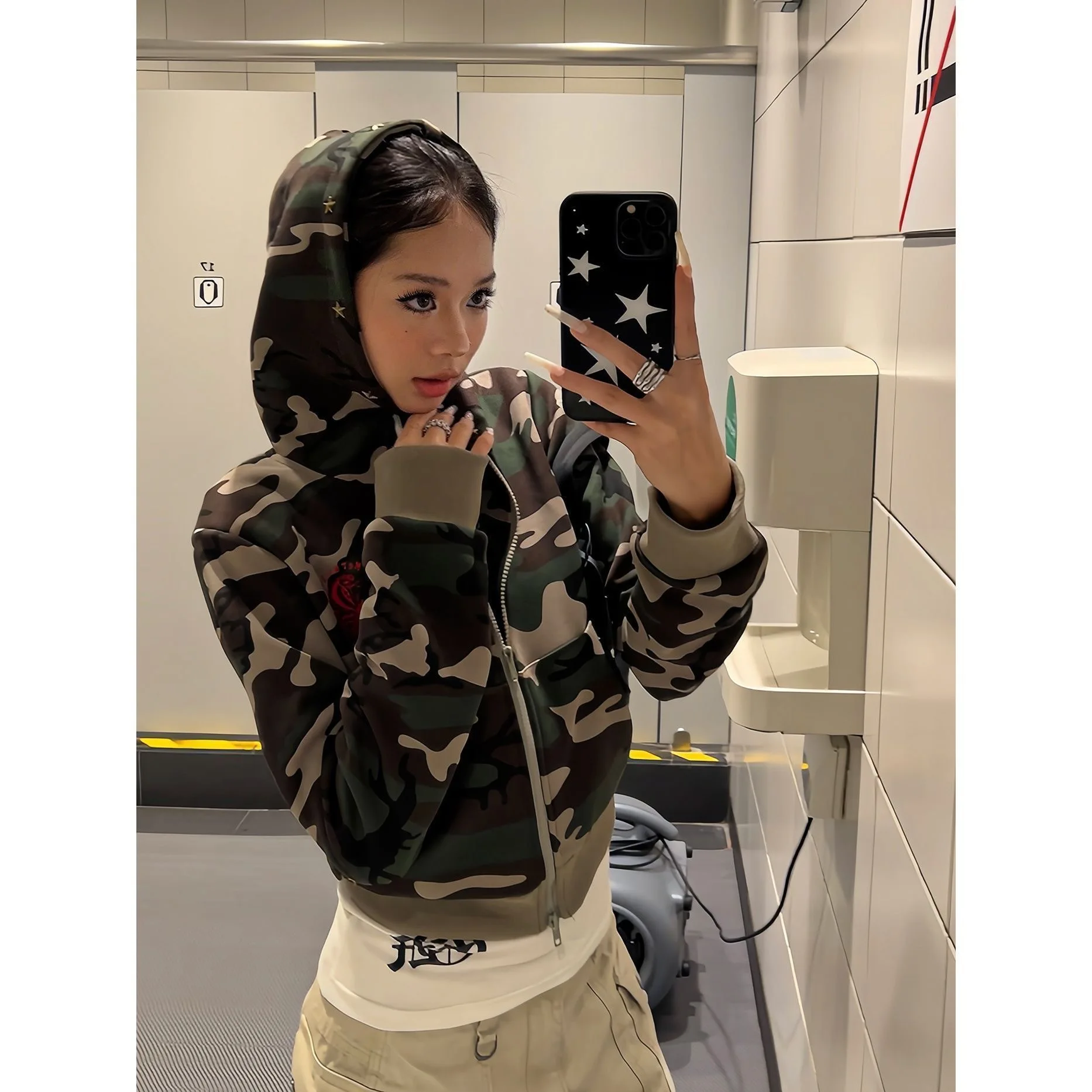 Cárdigan abierto de camuflaje con bloques de Color para mujer, ropa de abrigo corta holgada y adelgazante, estilo informal cómodo, estilo Retro americano