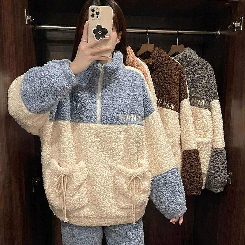 

Women's Fleece Pajama Set Winter Warm 2 Pcs Ladies Sleepwear Long Sleeve Turntleneck Korea Style Pijama Suit For Female 2024