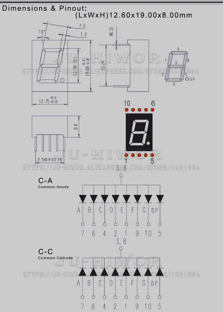 10pcs 0.5 Inch 10Pins 5101AB 5101BB 1 Bit Digit 7 Segment Blue LED Digital Display Digitron Common Anode Cathode C-C C-A