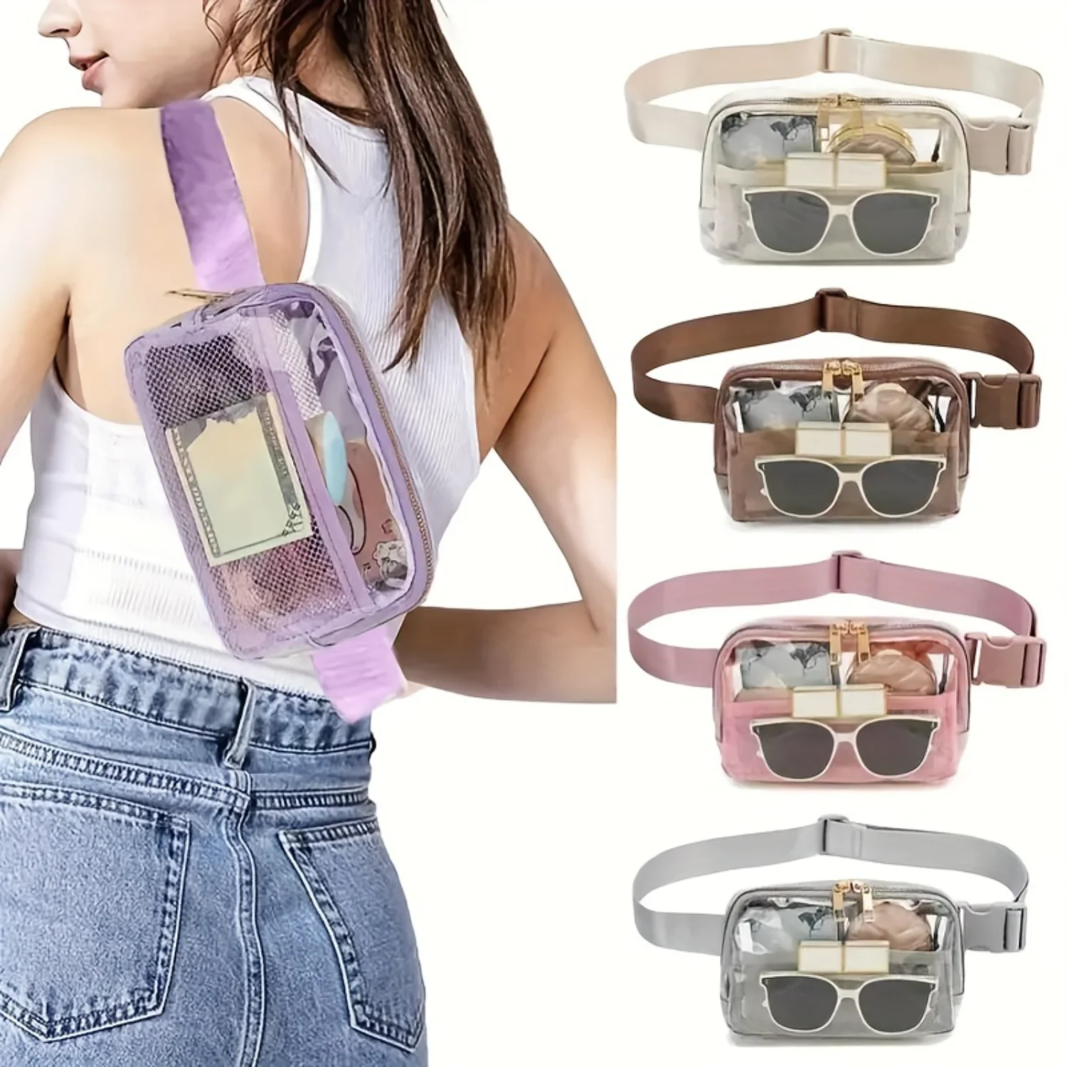 Transparent PVC Waist Pack - Fashion Zipper Fanny Pack for Sports Events, Concerts, Travel & Beach - Universal Fit, Solid Color,