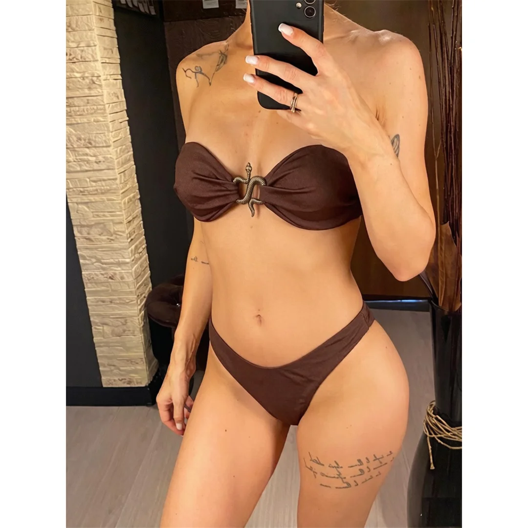 10 Farben Bandeau Metall-Schlangen-Bikini Damen-Badeanzug Zweiteiliger Bikini-Set mit Polsterung Badebekleidung Badeanzug V8249 – Detail 3