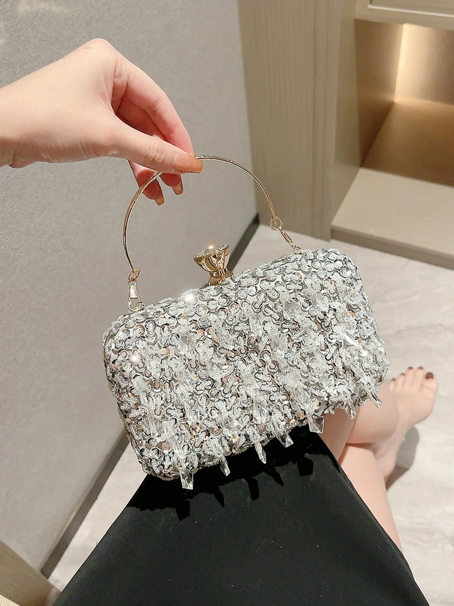 Beaded Sequins Evening Bag, Elegant Box Clutch Purse, Women\'s Wedding Handbags For Party Prom