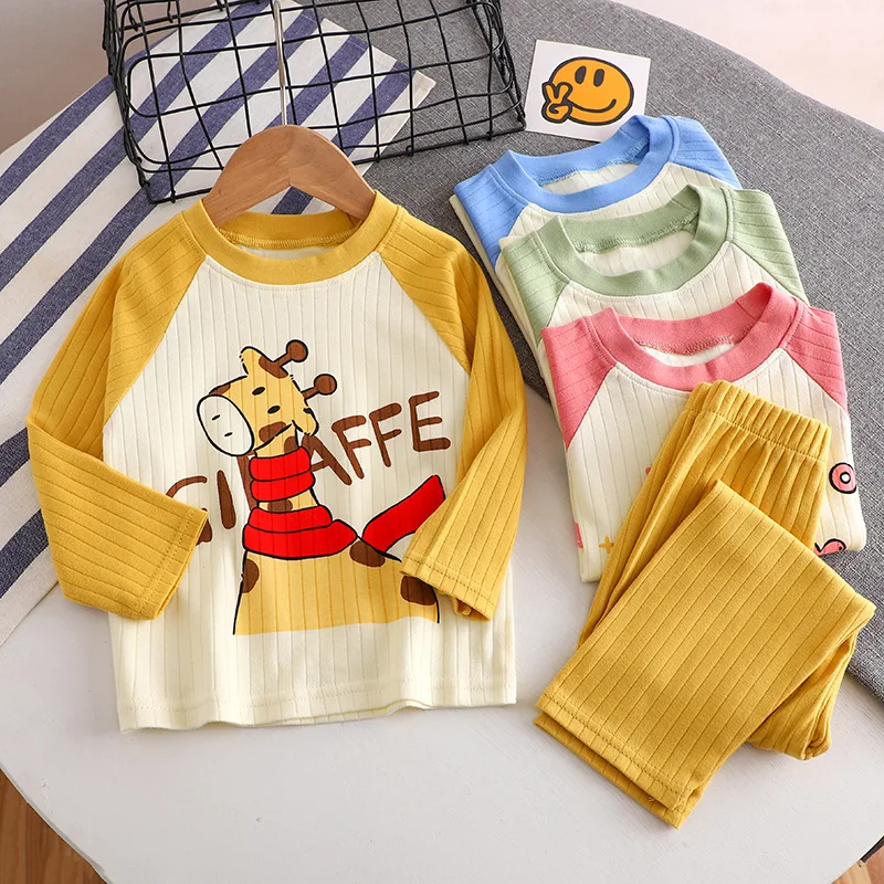 New Baby Boys Girls Warm Pajamas Kids Cute Cartoon Animal O-neck T-Shirt Tops + Pants Pyjamas Autumn Underwear Clothing Sets