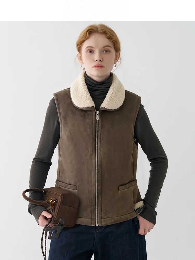 

Retro Versatile Fur And Leather Vest Women's Winter Warm No-Sve Outerwear Top Commute Sle Zipper Closure Color