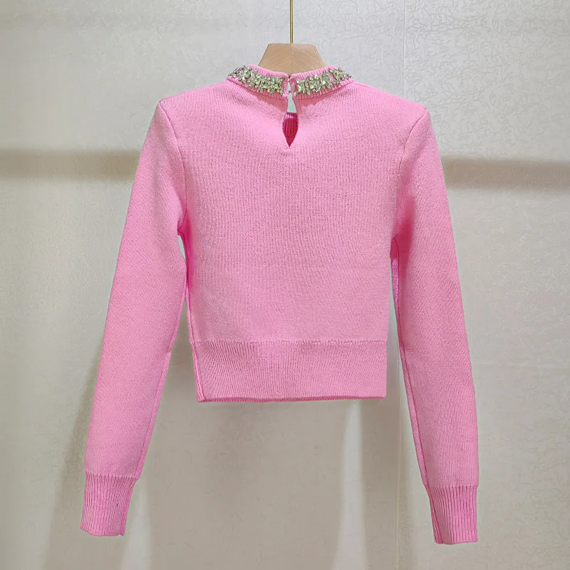 Gray or Pink Rhinestone Sweater Women's Elegant O-neck Long Sleeve Pullover Temperament Knitwear 2024 Fall Winter Collection