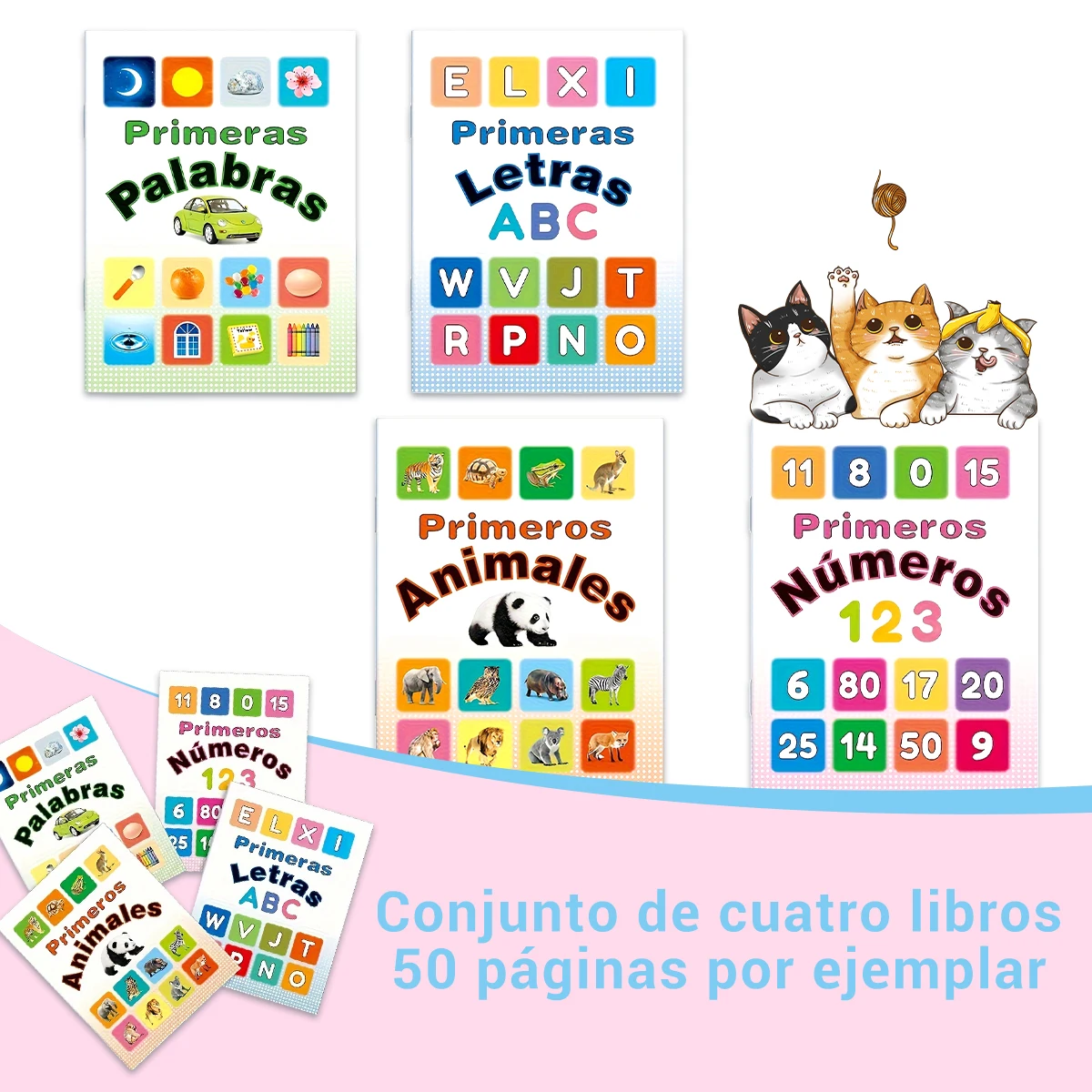 A set of 4 Spanish-language books to help babies learn common sense and stimulate their interest in reading.