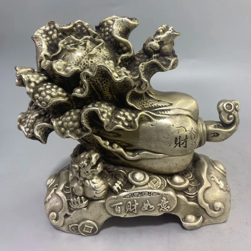 Chinese White Copper Carved Cabbage Wealth Statue Ornaments Crafts