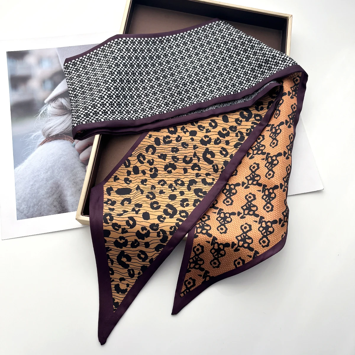 Leopard Printed Skinny Scarf For Women Luxury Hair Band Soft Stain Silk Ribbon Tie Neck Bag Design Wrist Belt For Daily Wear