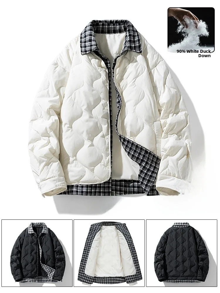 

Men's Casual Oversized Plaid irt Collar down Jaet Fake Two-Piece Sle Student Faion Outerwear Polyester Fiber Du down