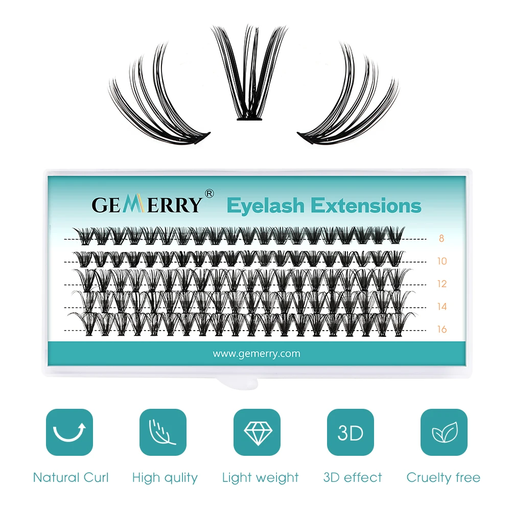 Gemerry Cluster Lashes Extensions 5 Row Slender Stem 10D/20D/30D/40D/50D High Quality Soft Individual Eyelash DIY Portable Tools