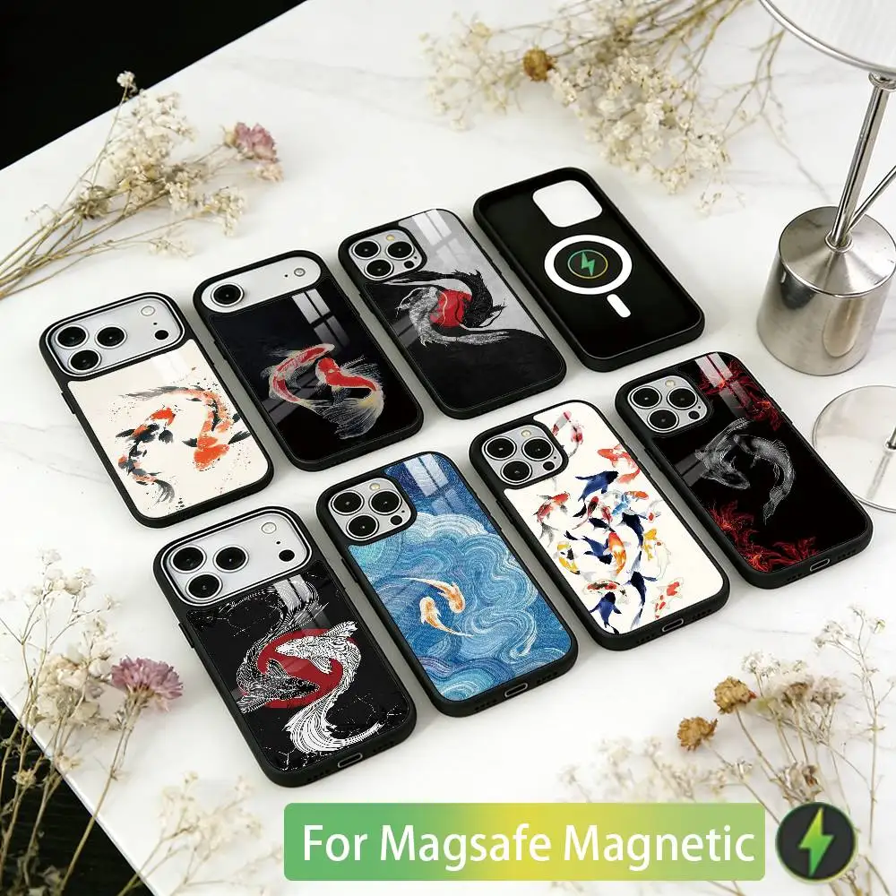 

Painting Koi Carp Art Phone Case For iPhone17,16,15,14,13,12,11 Plus,Pro Magnetic with Magsafe Wireless Charging