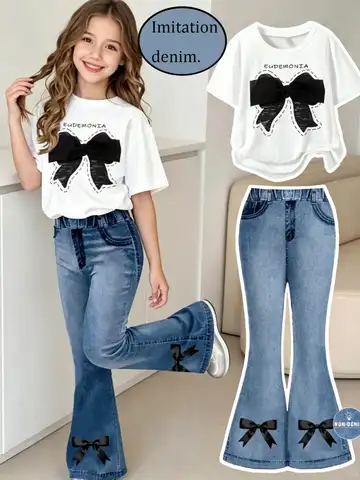 Girls' Summer Casual Outfit, Children's Casual Bowknot Set, Faux Denim Flared Pants + Round Neck Short-Sleeve T-Shirt Two-Piece Set, Trendy Daily Wear for Girls, Suitable for Ages 4-12