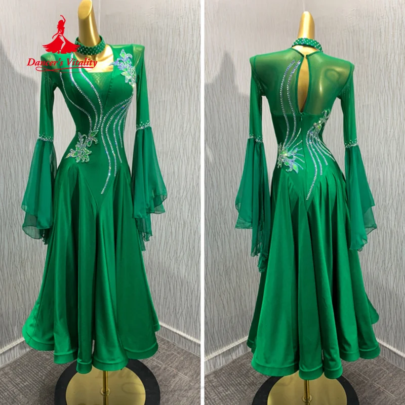 

Ballroom Dance Performance Dresses Women Customized Light Luxury Diamond Long Sleeved Dress Modern Dancing Waltz Dancer Clothes