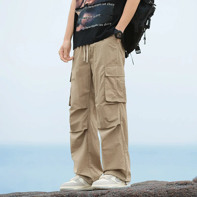 Men's Loose Cargo Pants Korean Fashion Streetwear Man Straight Wide-leg Hiking Pants Drawstring Workwear Trendy Joggers Trousers