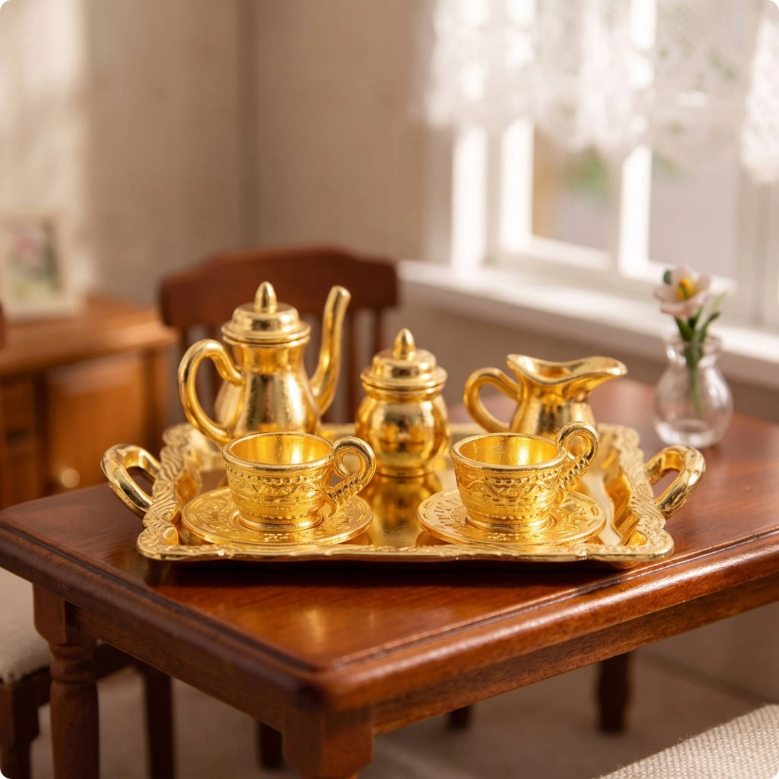 Miniature Tea Set with Tray Decorative Dollhouse Tea Service Toy Reflective Elegant for Collectors, Photography Props