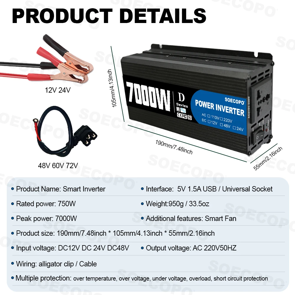SOECOPO 7000W Car Smart Inverter DC 12V/24V/48V to AC 220V Converter Comes with USB Ports 5V Perfect for Camping Car Accessories