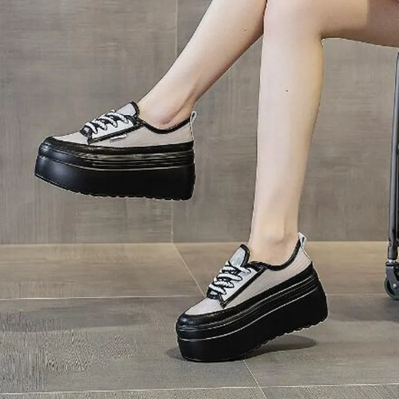 

8cm Cow Genuine Leather Luxury 2026 Autumn Summer New Platform Wedges Vulcanized Lace Up Casual Women Chunky Sneakers Lady Shoes