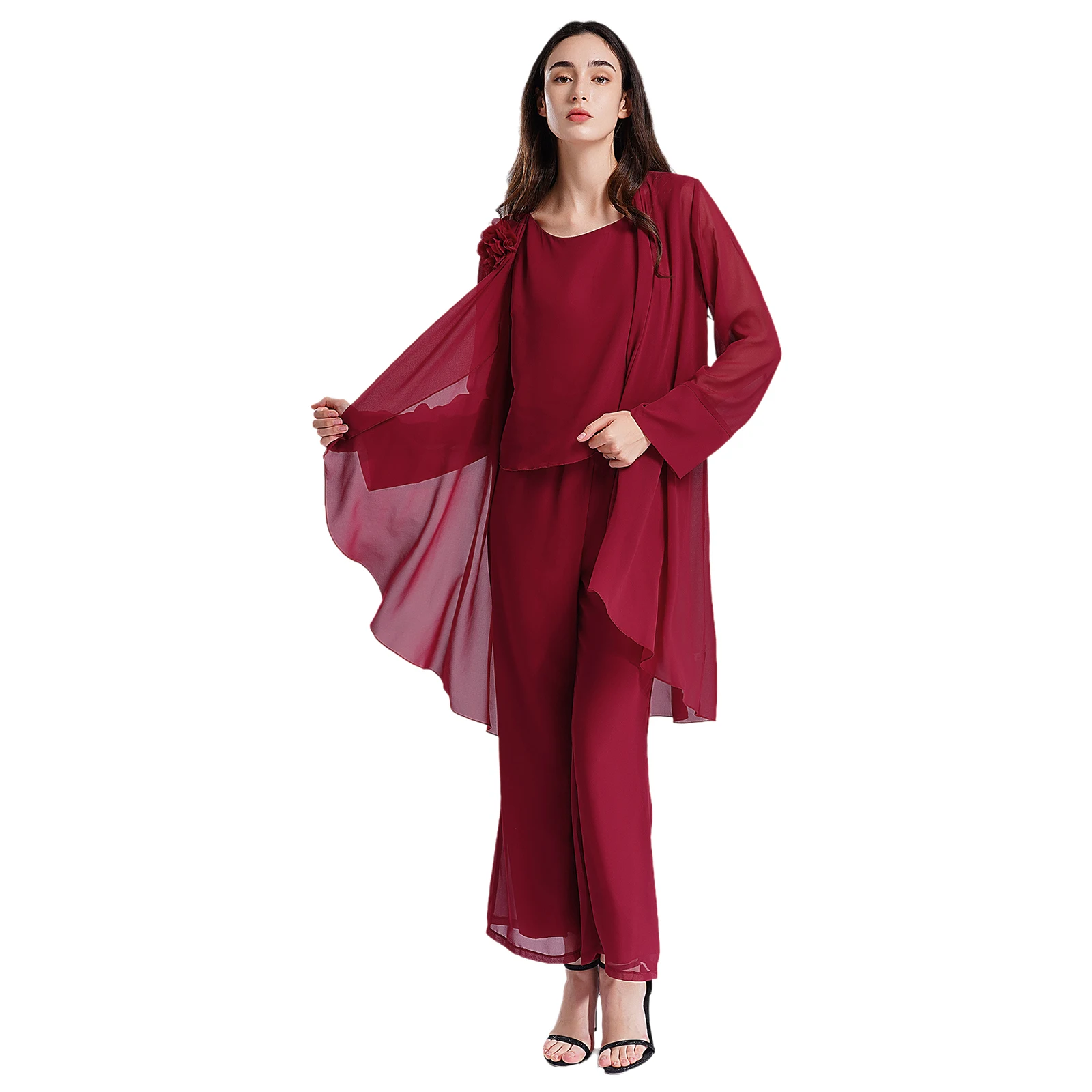 Women's 3Pcs Mother of The Bride Outfit Formal Chiffon Pant Suit Evening Cocktail Party Blazers Casual Ruffles Wrap Coat Suits