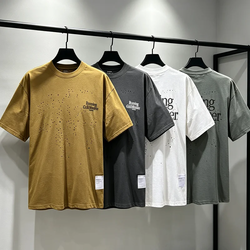 New SATISFY Unisex Short Sleeved T-shirt with Gray Perforated Print Loose Street Top