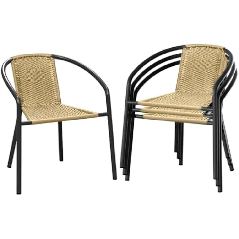 

4 Pack Patio Stackable Rattan Chairs, Indoor-Outdoor Restaurant Wicker Dining All-Weather Armchair Stack Chair (Beige)