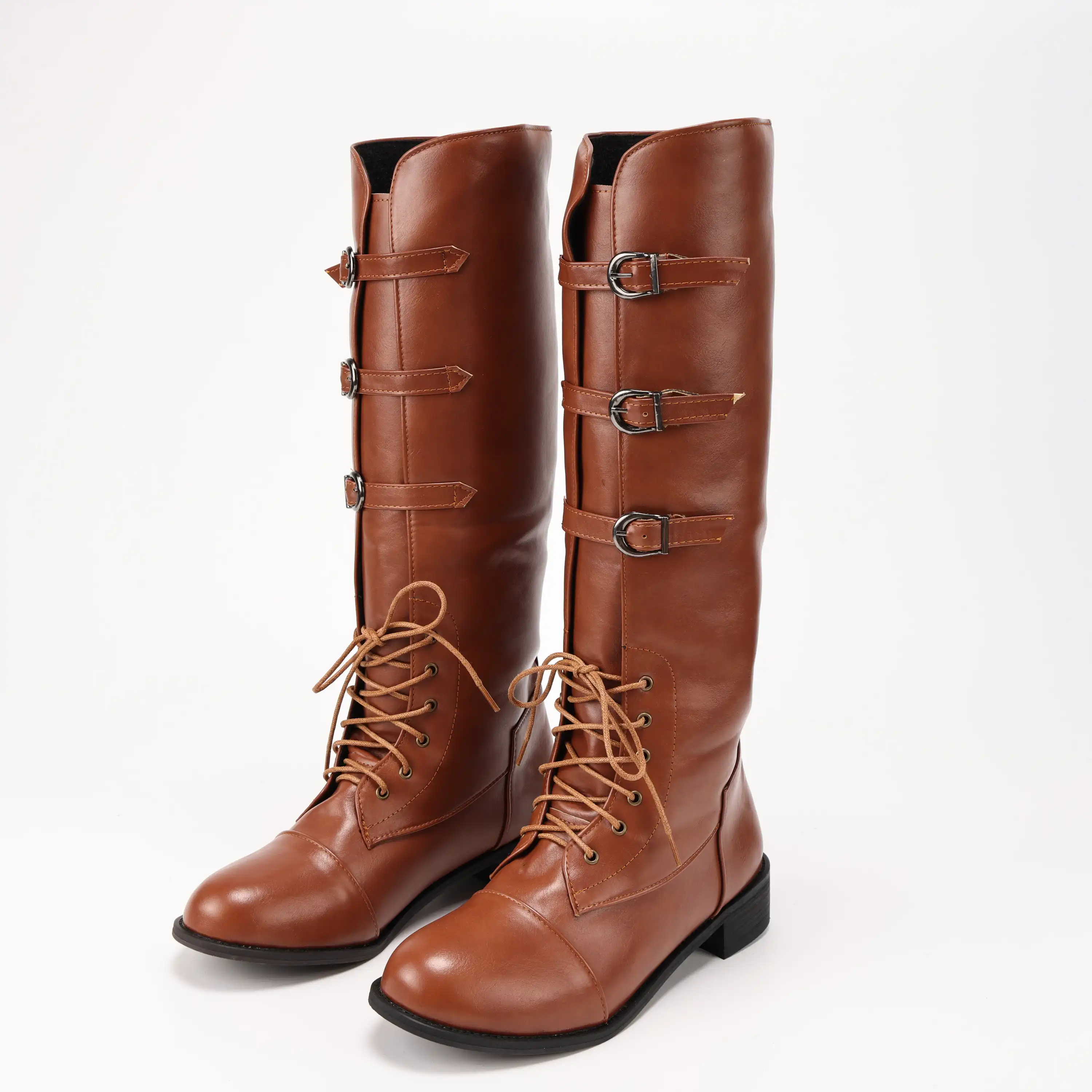 Stiefel für Herren, Schnürung, mit Schnalle, klobiger Absatz, kniehohe Wadenstiefel, Schnürstiefel, mittelalterliche Schuhe, Steampunk-PU-Schnalle, mittelalterliche Schuhe, Schneestiefel