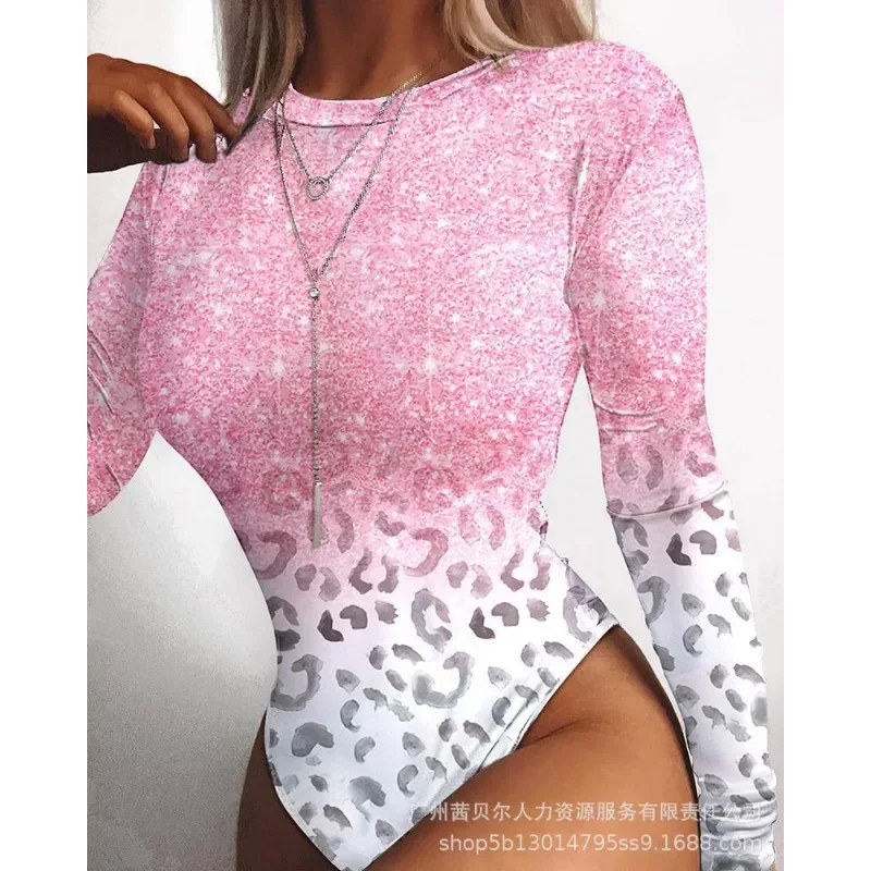 Body ajustado de manga larga con estampado de leopardo para mujer, Top elegante a la moda, ropa elegante Y2K, corsé de cintura alta con cuello redondo, camisa de mameluco