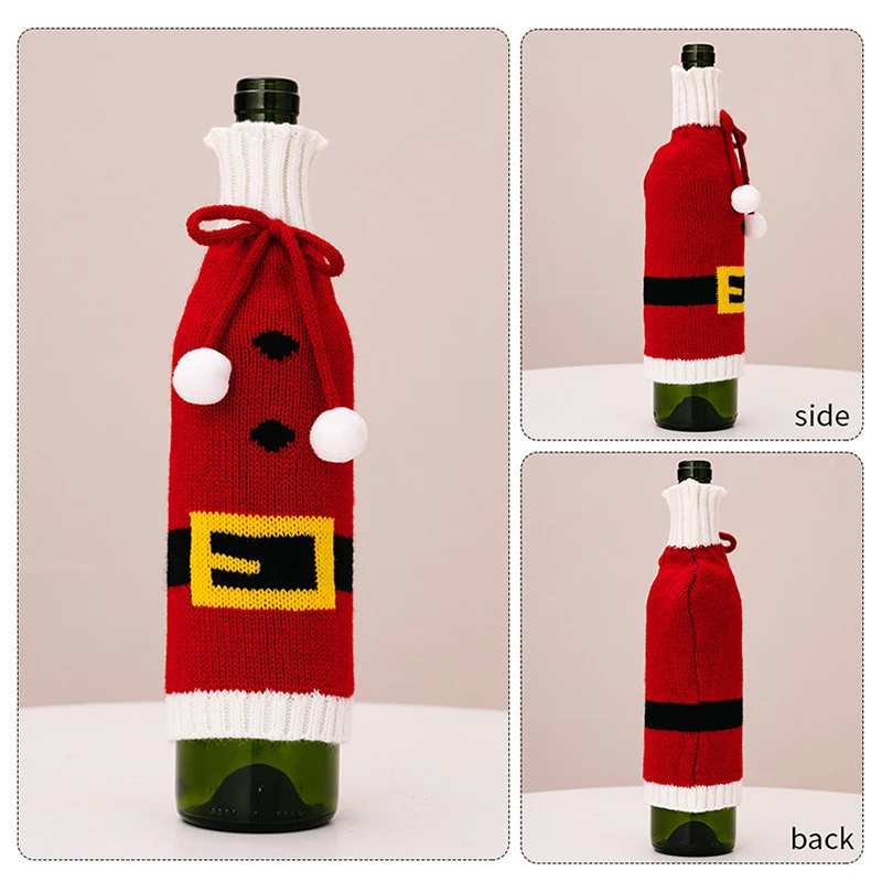 Christmas Knitted Wine Bottle Cover Pompom Bow Decor Santa Costume Snowflake Pattern Wine Bottle Bag Xmas Dinner Table Decor