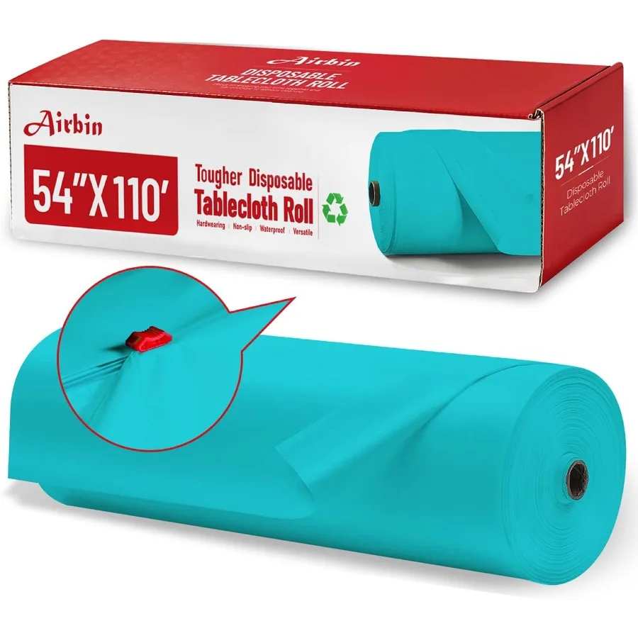 

Light Blue Disposable Plastic Table Cloth 110 Ft X 54 In Premium PEVA Material with Easy Cut Sliding Scissors for Outdoor Picni