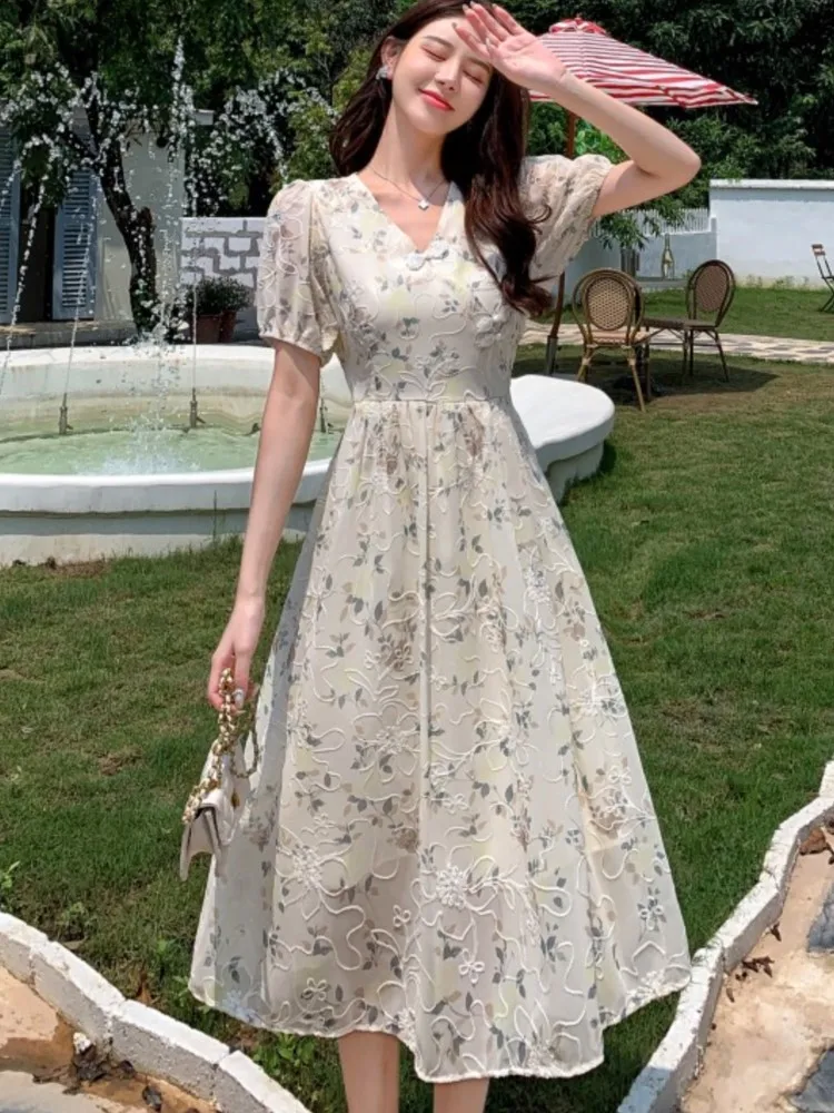 

Summer New Chinese Style Midi Dresses for Women Floral Printed V-neck Puff Sleeve A-line Casual Elegant Dress One Piece Vestido