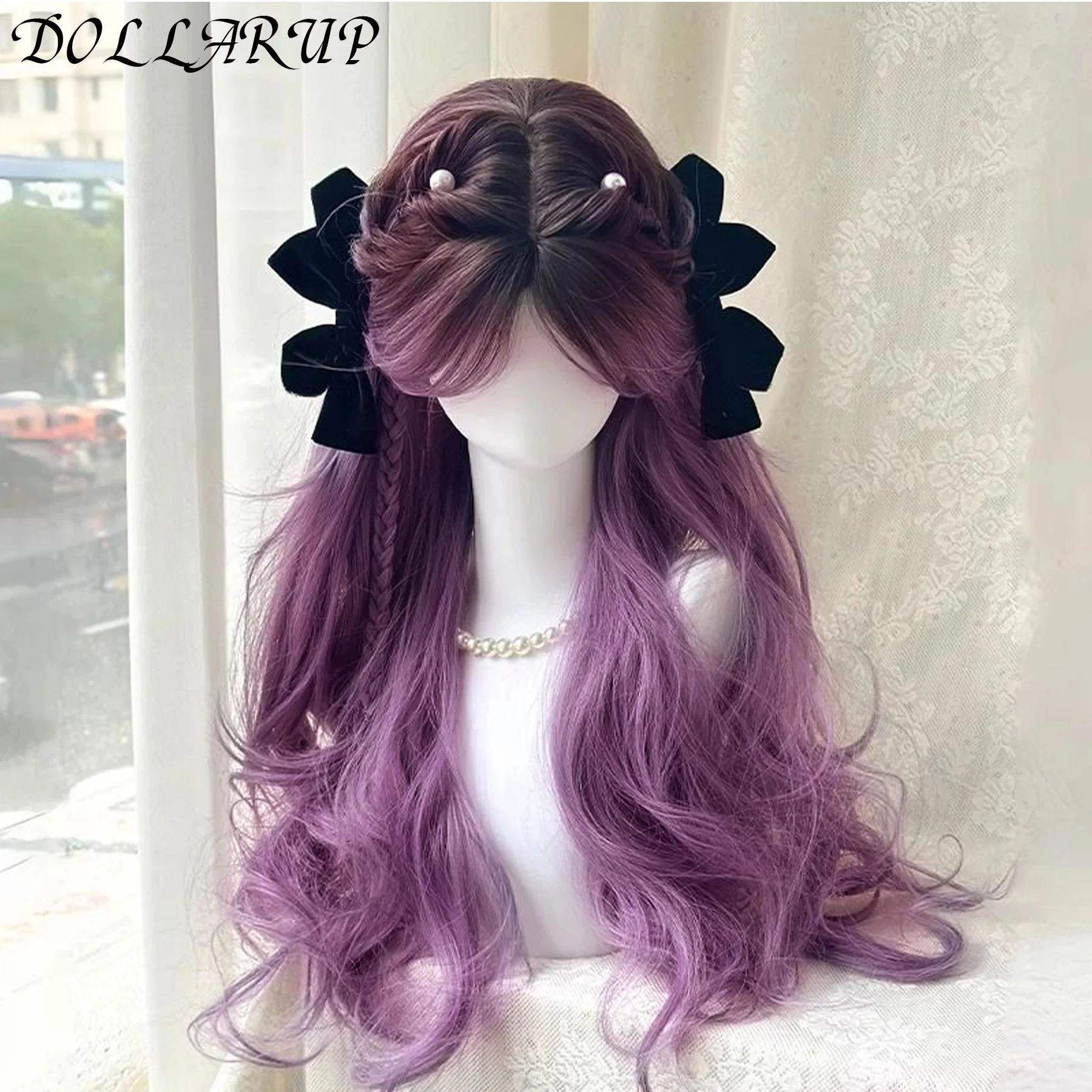 JKL Fashion Purple to Gray Ombre Long Wavy Wig with Bangs for Women - 28 Inch Heat Resistant Synthetic Curls Natural Style