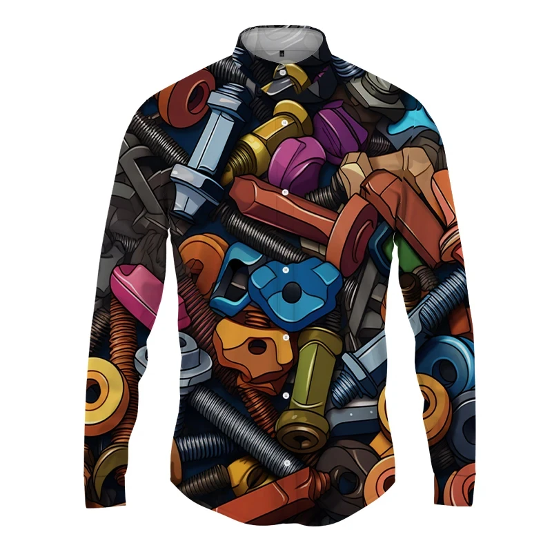 

New Fashionable Casual Style Long Sleeve Shirt Cartoon Screw Pattern 3D Printed Men's Shirt Loose Men's Clothing Top 2025