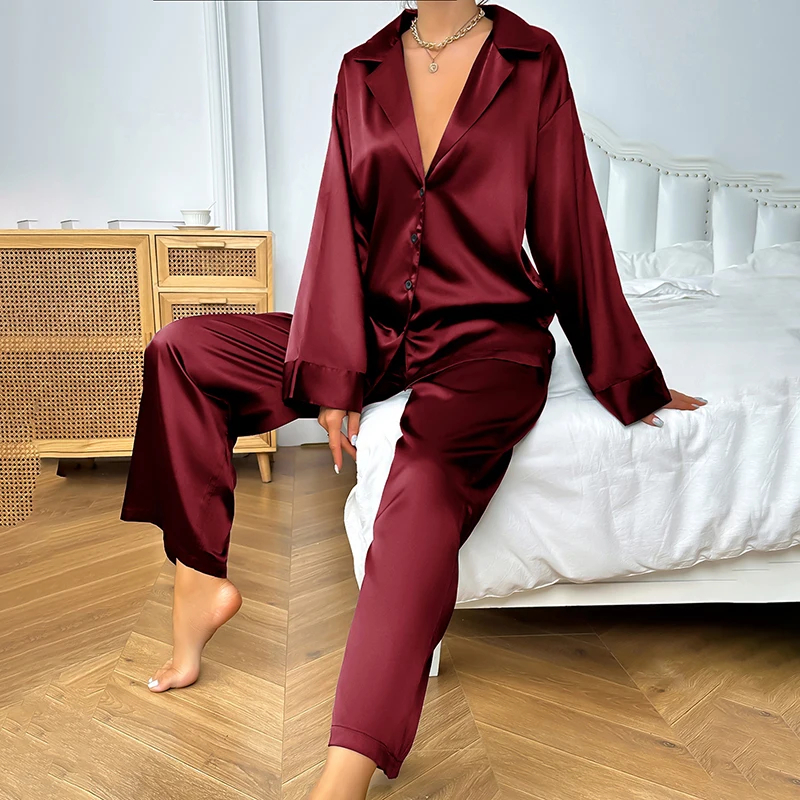 Women\'s Nighty Long Sleeve Buttons Lapel Neck Top With Pants 2 Piece Satin Loungewear Sexy Autumn Lounge Sets Casual Pajama Set