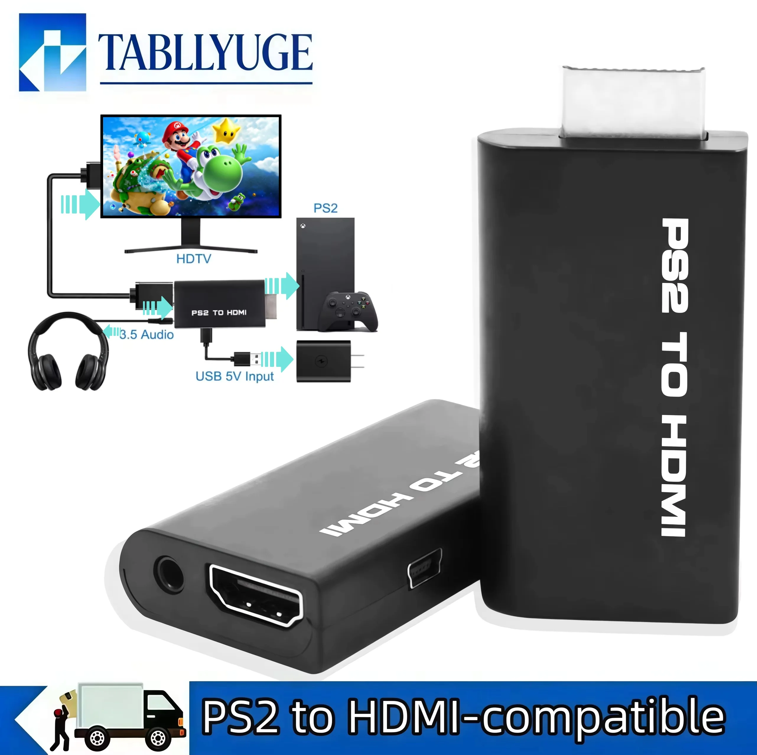 480i 480p 576i PS2 to HDMI-compatible Audio Video Converter Adapter Built-in 3.5mm Audio Output for PS2 All Display Modes