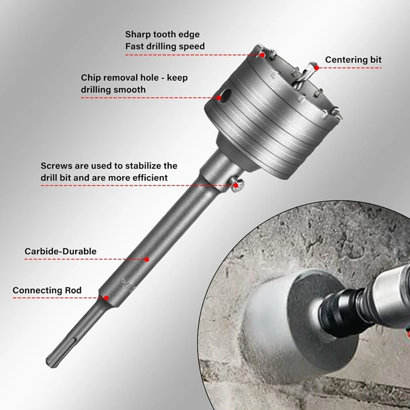 Concrete Hole Saw Kits 4-5/16Inch(110Mm)Steel Wall Hole Cutter Drill Bit Sets With 220Mm SDS Plus Shank Connecting Rod