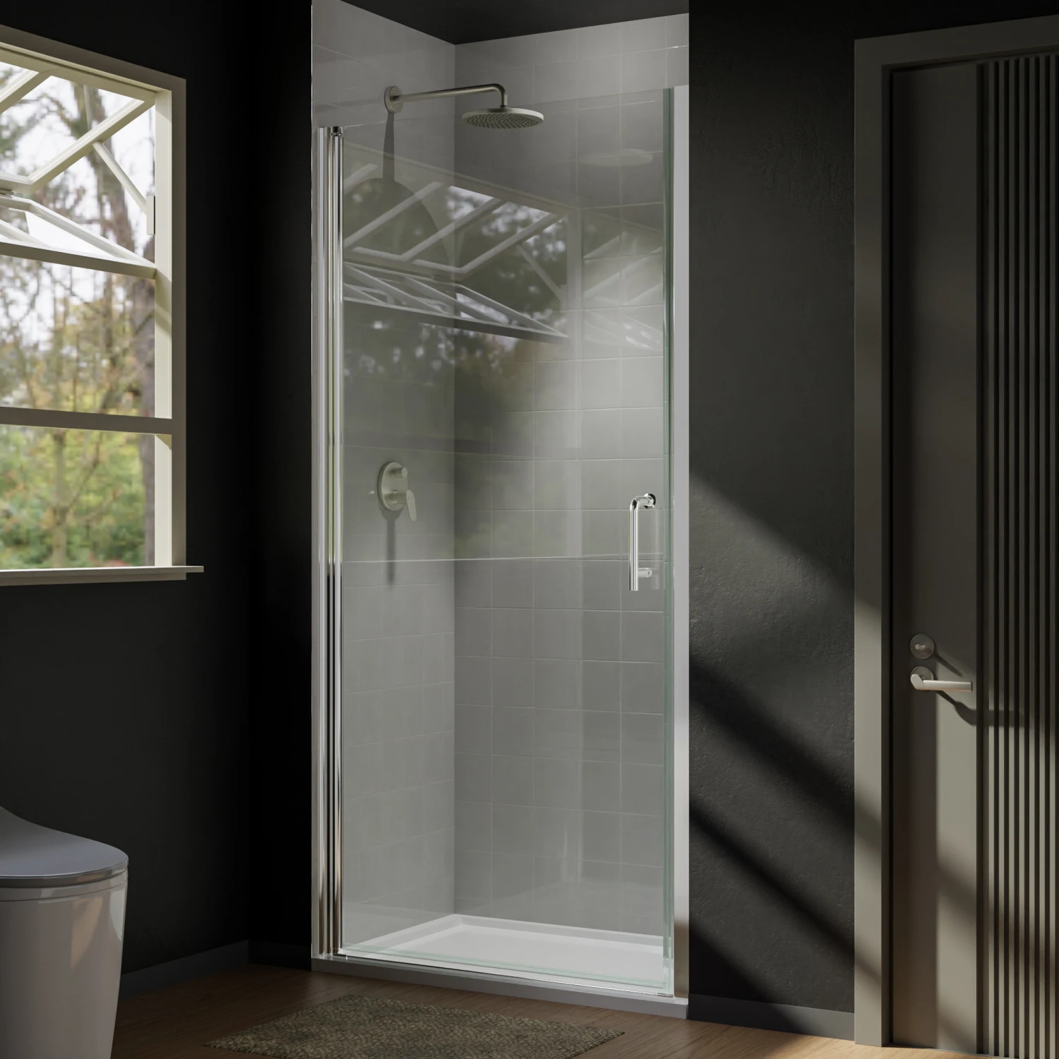 

36 In. to 37-3/8 In. x 72 In Semi-Frameless Pivot Shower Door in Chrome With Clear Glass