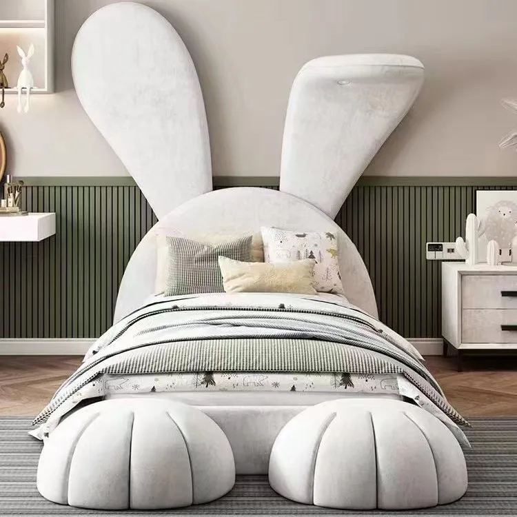 Light luxury princess Solid wood Internet celebrity Simple flannel Big ears Rabbit Internet celebrity girl bed