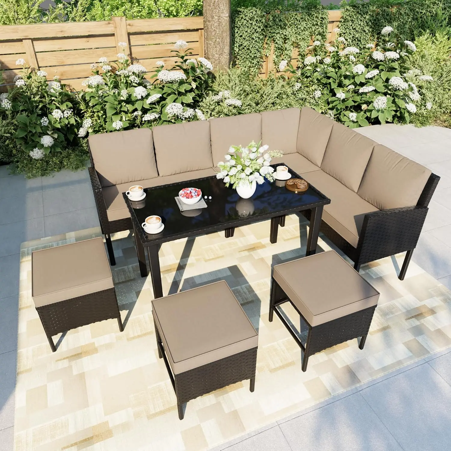 

7 Pieces Patio Dining Set with Ottoman, Black Wicker Rattan Sectional Seating Sofa Group Furniture for Outside